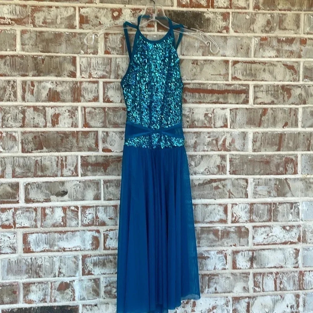 Curtain Call Teal Sequin Sheer Modern Dance Dress Costume